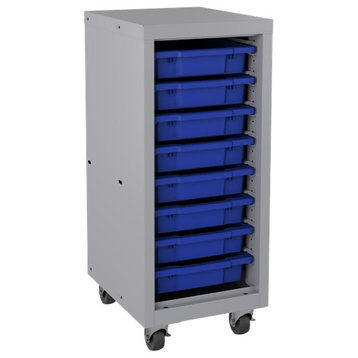 Space Solutions Mobile Bin Metal Tower with 8 3" tote bins 36x15x18 Silver/Blue