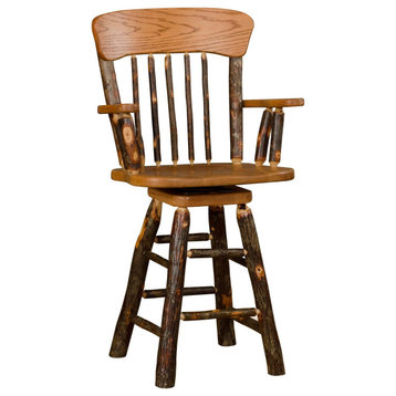Hickory Log Swivel Barstool with Oak Back, Hickory & Oak, 24 Inch, With Arms