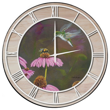 Wall Clock With Wood Accent, Competition Bee Hummingbird White Numbers 24"x24"