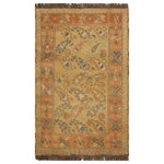 Bareens Designer Rugs - Antique Tribal Soumak Russel Beige/Orange Wool Rug - 5'8'' x 7'5'' - Crafted by skilled master weavers with handspun wool and organic natural dyes with mesmerizing intricacy and gorgeous color palette, this breathtaking Soumak rug (also spelled Soumakh, Sumac, Sumak, Somekh or Soumac) is a flat-weave rug that is thick, strong and exceptionally durable. Soumak rugs are unique because of the wefts used to produce decorative patterns. Famous for its finely woven richly detailed motifs featuring different styles of tribal motifs, predominantly geometric, transitional and bird motifs. Most desired due to its versatility in design this hand-woven rug is in a compelling focal point in any living area and can decorate floor, interior walls, sofas, chairs, beds and tables.