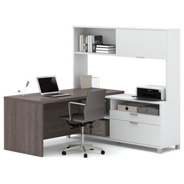 Bestar Pro-Linea L-Desk With Hutch, White And Bark Gray
