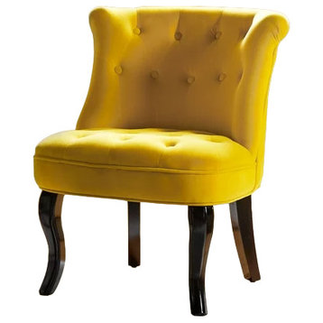 Set of 2 Classic Accent Chair, Curved Legs & Button Tufted Velvet Seat, Yellow