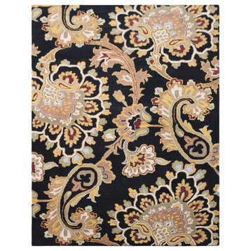 Hand Tufted Wool Area Rug Floral Black, [Rectangle] 6'x9'
