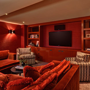 Design ideas for a retro home cinema in Portland with red walls and a wall mounted tv.