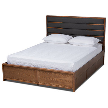 Dark Gray Fabric Walnut Wood Queen Size Platform Storage Bed With Six Drawers