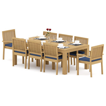 9-Piece Outdoor Teak Dining Set: 86" Rectangle Table, 8 Leveb Stacking Arm Chair