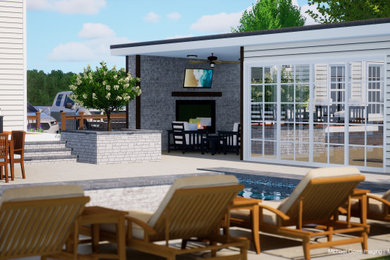 Diseño de patio moderno de tamaño medio en patio trasero y anexo de casas con chimenea y suelo de hormigón estampado