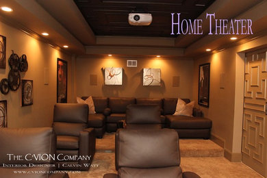 Inspiration for a mid-sized transitional enclosed carpeted home theater remodel in Atlanta with brown walls and a projector screen
