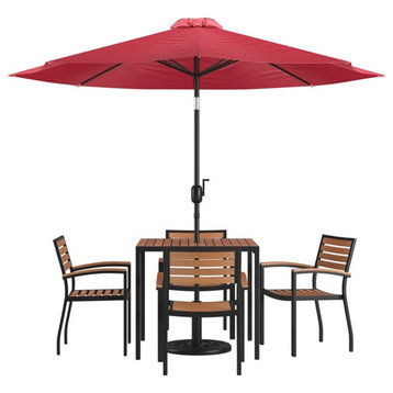 Flash Furniture 7PC Aluminum Patio Dining Set with Umbrella and Base - Red