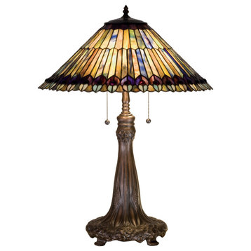 27H Tiffany Jeweled Peacock Table Lamp 602