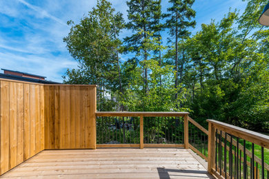 Example of a trendy backyard privacy and metal railing deck design in Other with no cover
