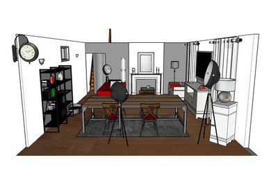 Mittelgroßes, Abgetrenntes Industrial Wohnzimmer mit weißer Wandfarbe, braunem Holzboden, Kamin, Kaminumrandung aus Stein und TV-Wand in Paris