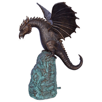 Dragon Standing on a Rock Bronze Statue Fountain - Size: 23"L x 18"W x 23"H.