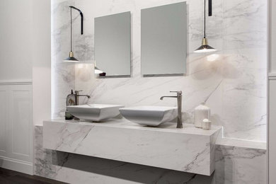 Example of a trendy white tile and porcelain tile bathroom design in New York