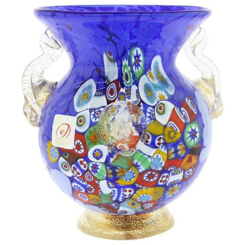 GlassOfVenice Murano Glass Millefiori Urn Vase With Lion Heads - Blue