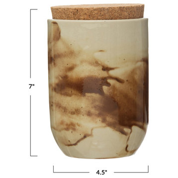 4-1/2" Round x 7"H Stoneware Jar With Cork Lid, Reactive Glaze, Marbled Taupe