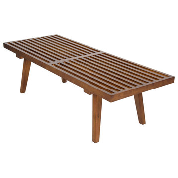 LeisureMod Mid-century Modern Inwood 4' Slat Platform Wooden Bench, Light Walnut