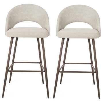Pale Fabic/Leatherette Bar Stool With Tapered Metal Legs, Set of 2, Pale Grey