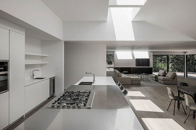 Inspiration for a large modern single-wall light wood floor and beige floor open concept kitchen remodel in San Francisco with a double-bowl sink, flat-panel cabinets, white cabinets, concrete countertops, paneled appliances and an island