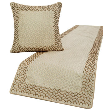 Ivory King 90"x18" Bed Throws Runner & Pillow Case Mosaic Beaded, Tessellation
