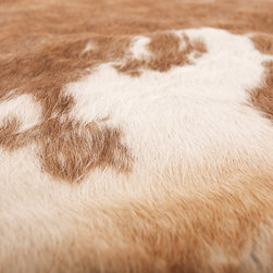 Luxury Natural Cowhide Area Rug, Handmade, Beige, White, Hair-on-Hide, 7'0"x6'7" - Area Rugs