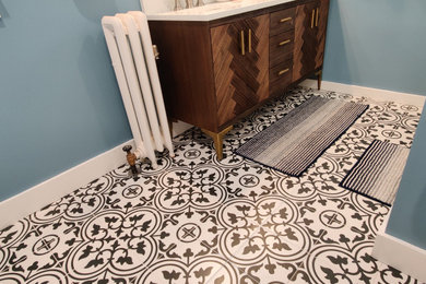 Mid-sized transitional master white tile and ceramic tile porcelain tile, white floor and double-sink bathroom photo in Bridgeport with flat-panel cabinets, dark wood cabinets, a two-piece toilet, blue walls, an undermount sink, quartz countertops, a hinged shower door, white countertops and a freestanding vanity
