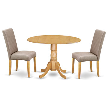 3Pc Round 42" Dining Table, Two 9-Inch Drop Leaves, Two Chair, Dark Khaki