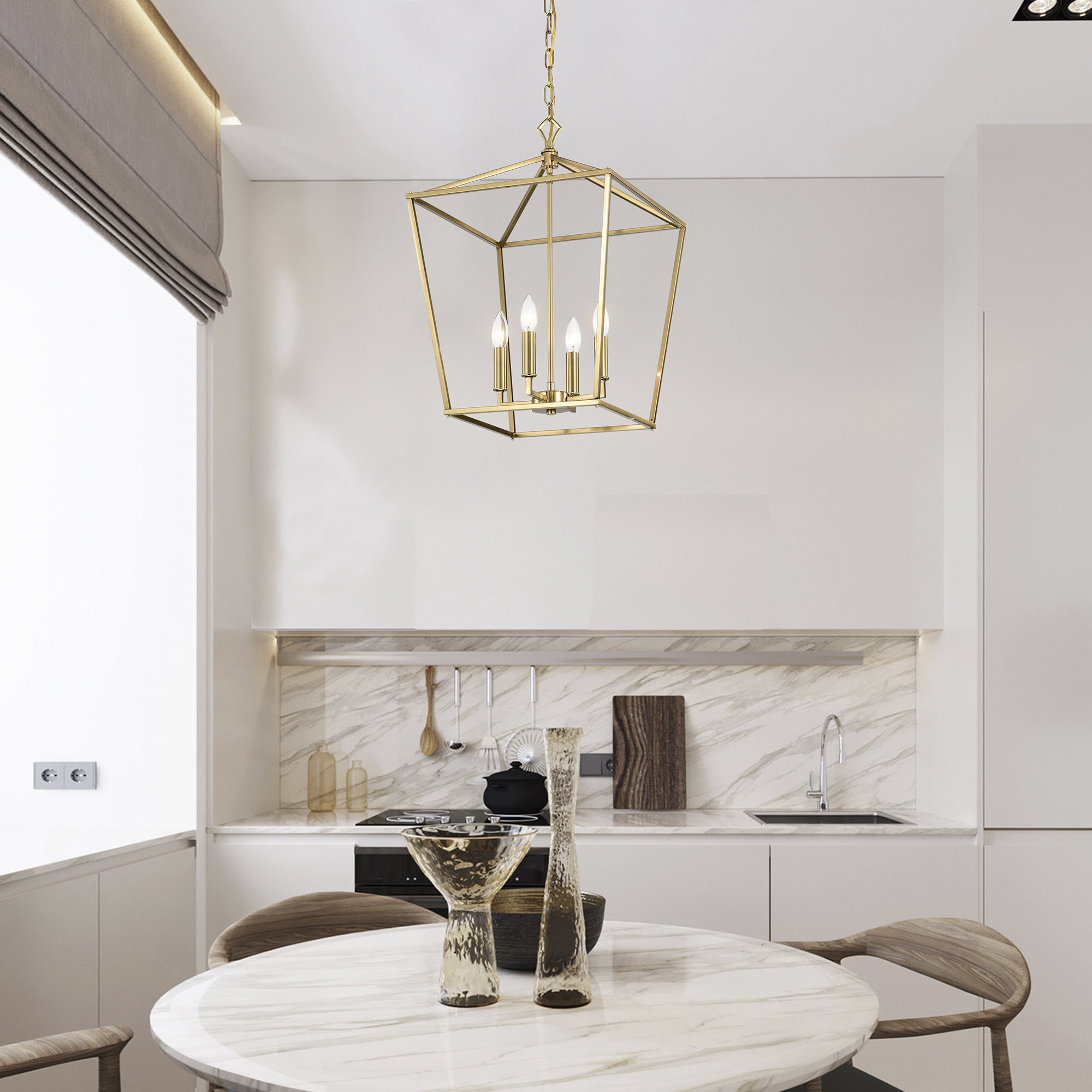 4-Light 16 in. Gold Caged Lantern Modern Pendant - Transitional ...
