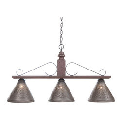 Handmade In USA - Wood and Wrought Iron Bar Island Light With Punched Tin Shades, Plantation Red - Kitchen Island Lighting