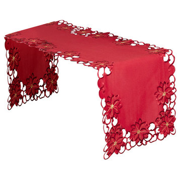 Holiday Christmas Embroidered and Cutwork Red Table Runner