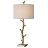 1 Light Contemporary Table Lamp Antiqued Gold Tree Branch Base and Ivory Linen
