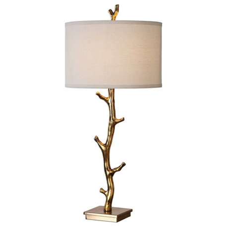 1 Light Contemporary Table Lamp Antiqued Gold Tree Branch Base and Ivory Linen