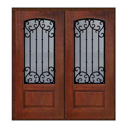 Prehung Double Door 80 Fiberglass Valencia Arch Lite Wrought Iron - Front Doors
