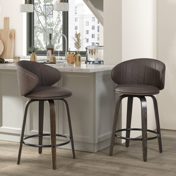 Swivel Counter Stool, Wood Bar stools, Pu Leather, Set of 2, Mid-Century Modern, Brown, 26''