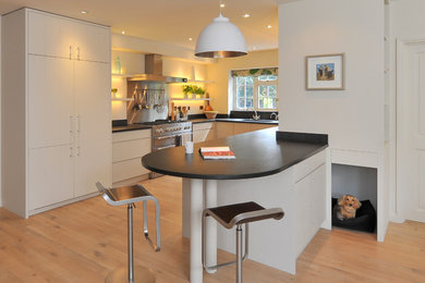 Inspiration for a contemporary u-shaped kitchen in Hampshire with flat-panel cabinets and white cabinets.