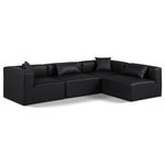 Meridian Furniture - Cube Upholstered Modular Sectional, Black, 4-Piece: 2 Armless Chair, 2 Corner Chair, Vegan Leather - Elevate your space with the luxurious Cube Vegan Leather Modular Sectional. This modular sectional exudes modern elegance, charm, and comfort making it a perfect addition to any contemporary living space. Its clean lines and cube shape are reminiscent of minimalist design, while the plush black vegan leather upholstery adds a touch of luxury and sophistication. The chair's versatile construction and geometric aesthetic seamlessly integrate into various design styles, from sleek living rooms to chic home offices, embodying the essence of modern design and creating a sense of order and tranquility in your space.