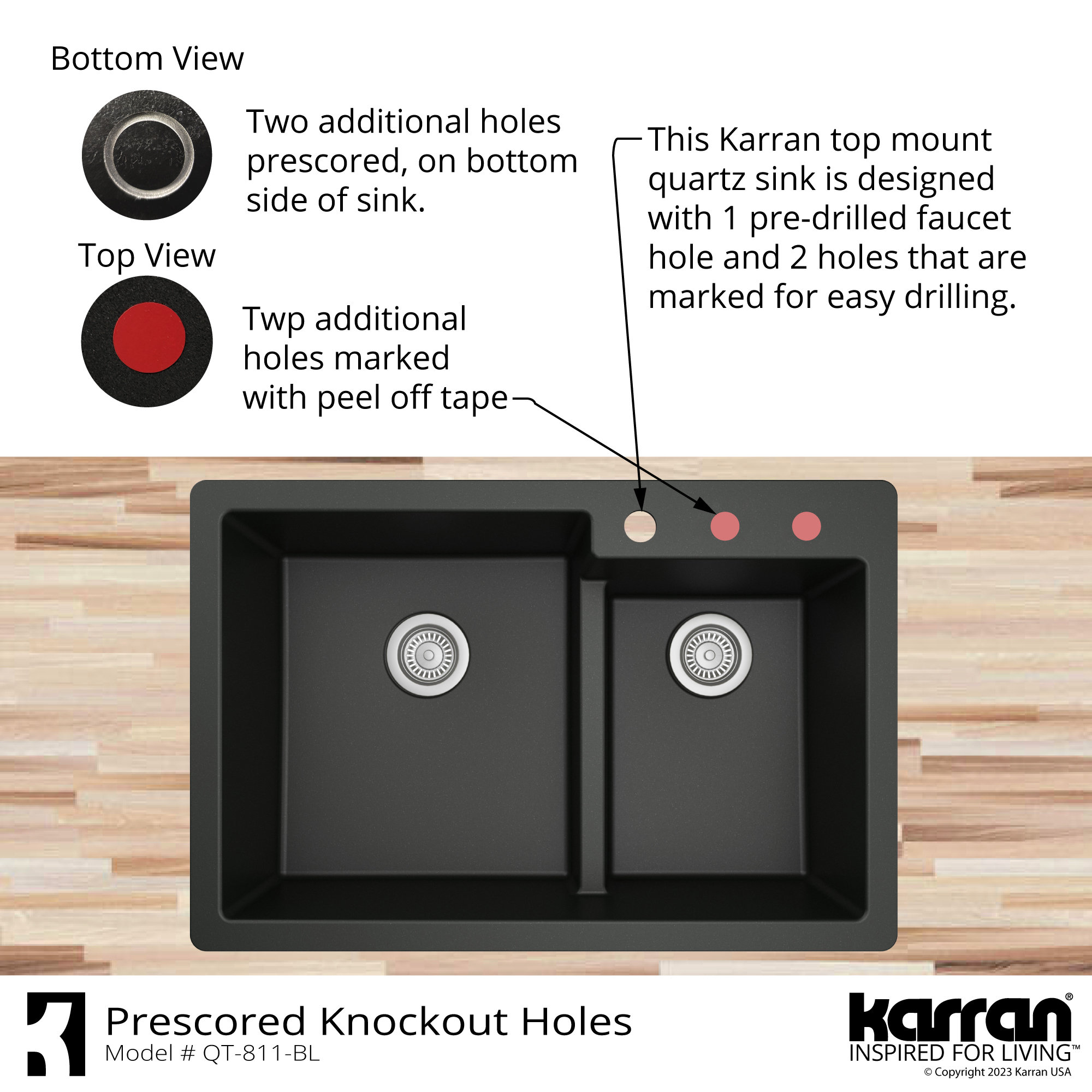 Karran 33" Top Mount Large/Small Bowl Quartz Kitchen Sink, Brown