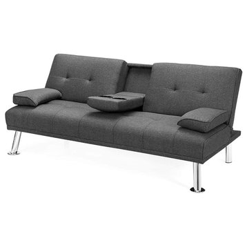 Modern Futon Sofa, Linen Seat With Removable Arms & 2 Cup Holders, Dark Grey