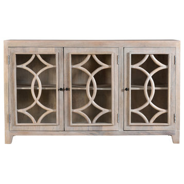 Bayside Canal 3-Door Solid Wood Sideboard with Glass Doors in White Wash Finish