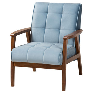 Westings Light Blue Velvet Fabric Walnut Wood Armchair