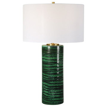 Emerald Green Swirl Stripe Cylinder Table Lamp 28 in Gloss Ceramic Elegant