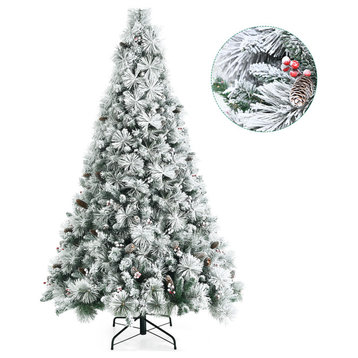 Costway 7ft Snow Flocked Christmas Tree Glitter Tips w/ Pine Cone & Red Berries