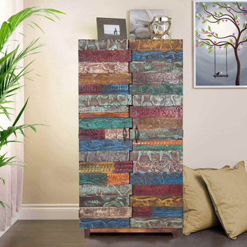 Rainbow Conch Carving Wooden Tile Reclaimed Wood Armoire Cabinet
