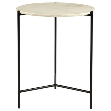 Aniska 18" Round White Marble and Black Iron Side Table