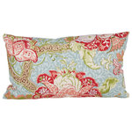 Studio Design Interiors - Holsworthy Three Kidney 90/10 Duck Insert Pillow With Cover, 12x22 - Printed on a soft natural linen, beautiful flowers in red, and peach, and forest greens spring from a blue damask pattern face on this open and airy garden motif.  Perfectly finished with a blue linen back. Exceptional.