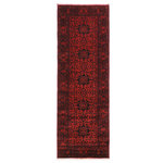 Bareens Designer Rugs - Southwestern Biljik Khal Mohammadi Augustin Wool Runner - 2'10'' x 9'8'' - Elegant Khal Mohammadi rugs made by skilled artisans of Northern Afghanistan using premium quality hand-spun wool and vegetable dyes are an exquisite addition to any decor. Meticulously hand-knotted using the age-old techniques of traditional Turkish or Ghiordes knots, these chic Khal Mohammadi rugs feature intricate designs with a warm color palette of deep reds, dark blues, and luxurious browns. The long-lasting mesmerizing hue in Khal Mohammadi rugs comes from the vegetable dyes made from madder root, indigo, and walnut husks that become more enchanting over time. The Biljilk Khal Mohammadi design showcases stylized floral motifs and a geometric pattern that draws inspiration from nature. The unique weaving style developed by influential rug weaver Khal Mohammad has resulted in rich colors, intricate patterns, and exceptional craftsmanship. Despite the scarcity of specific details about his early life and introduction to the craft, his techniques and designs have made an indelible mark on the world of rug craftsmanship, making these rugs a testament to his unparalleled skill and innovation. The intricate design and the dark hues exude an aura of dreamy serenity and undeniable luxury that will elevate the ambiance of any room.