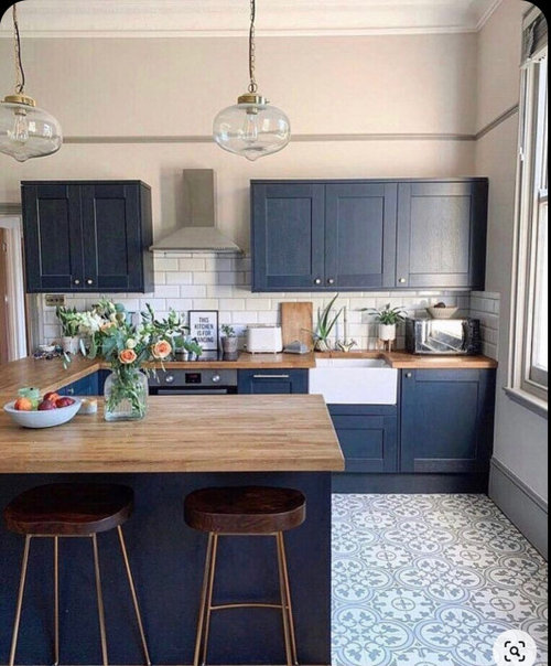 tiled floor for blue kitchen