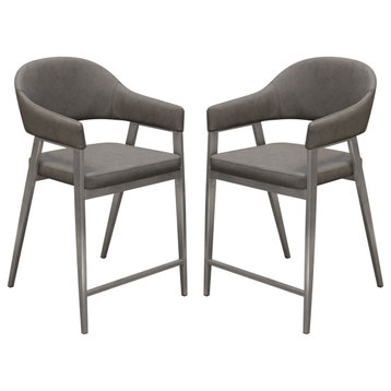 Set of 2 Counter Height Chairs, Gray Leatherette With Brushed Steel Leg