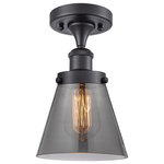 INNOVATIONS LIGHTING - INNOVATIONS LIGHTING 916-1C-BK-G63 Small Cone 1 Light Semi-Flush Mount - INNOVATIONS LIGHTING 916-1C-BK-G63 Small Cone 1 Light Semi-Flush Mount part of the Ballston Collection.  The Small Cone 1 Light Semi-Flush Mount is part of the Ballston Collection. .  Collection: Ballston.  Metal Finish (Body): Matte Black.  Metal Finish (Canopy/Backplate): Matte Black.  Glass or Metal Shade Color: Plated Smoke.  Material: Steel, Cast Brass, Glass.  Shade Material: Glass.  Dimension(in): 11(H) x 6(W) x 6(Dia).  Canopy Dimension(in): 0.75(H) x 4.5(Dia).  Shade Size(in): 6(H) x 6(Dia).  Bulb: (1)60W Incandescent Medium Base(Not Included).  Voltage: 120.  Dimmable: Yes.  Color Temperature(Kelvin): 2200.  CRI: 99.9.  Lumens: 220.  Sloped Ceiling Compatible: No.  Glass Shade: Plated Smoke Small Cone.  Glass Type: Frosted.  Glass or Metal Shade Shape: Sphere.  Shade Fitter Measurement: Neckless with a 2.125 inch Hole.  Style: Industrial, Modern Contempo, Restoration-Vintage, Transitional .  Ul Certification Type: Damp Location.  Warranty: 2 Year Finish, Lifetime Electrical.