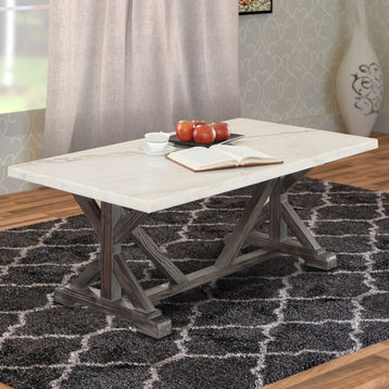 Transitional Coffee Table, White Marble Top With Trestle Wooden Base, Espresso